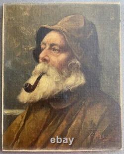 Vintage Antique Northeast Fisherman Old Man Portrait Man with Pipe Signed Oil
