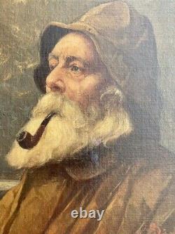 Vintage Antique Northeast Fisherman Old Man Portrait Man with Pipe Signed Oil