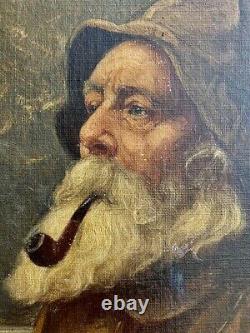 Vintage Antique Northeast Fisherman Old Man Portrait Man with Pipe Signed Oil