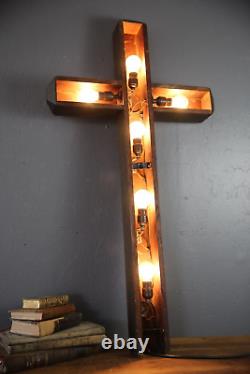Vintage Antique wall Light Lighted Crucifix Cross sign Funeral Mission wood old