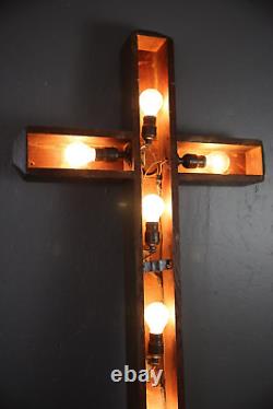 Vintage Antique wall Light Lighted Crucifix Cross sign Funeral Mission wood old
