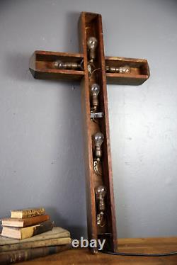 Vintage Antique wall Light Lighted Crucifix Cross sign Funeral Mission wood old