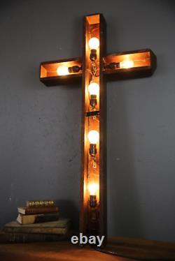 Vintage Antique wall Light Lighted Crucifix Cross sign Funeral Mission wood old