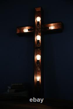 Vintage Antique wall Light Lighted Crucifix Cross sign Funeral Mission wood old
