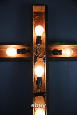 Vintage Antique wall Light Lighted Crucifix Cross sign Funeral Mission wood old