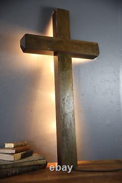 Vintage Antique wall Light Lighted Crucifix Cross sign Funeral Mission wood old