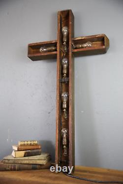 Vintage Antique wall Light Lighted Crucifix Cross sign Funeral Mission wood old