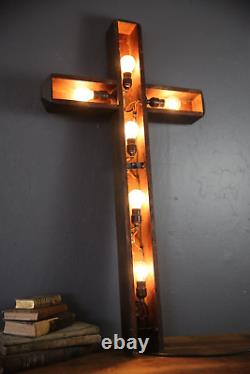 Vintage Antique wall Light Lighted Crucifix Cross sign Funeral Mission wood old