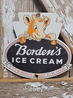 Vintage Bordens Porcelain Sign Old Diecut Dairy Farm Milk Ice Cream Daisy Cow