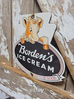 Vintage Bordens Porcelain Sign Old Diecut Dairy Farm Milk Ice Cream Daisy Cow