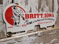 Vintage Britt Iowa Porcelain Sign Old Yearly Hobo Convention Plate Tag Topper