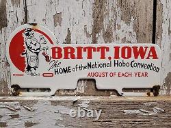 Vintage Britt Iowa Porcelain Sign Old Yearly Hobo Convention Plate Tag Topper