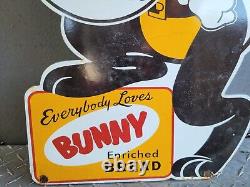 Vintage Bunny Bread Porcelain Old Sign 30x14 Dbl Sided Bakery Food Store Rabbit