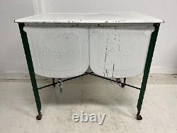 Vintage Double Basin Wash Tub w Lid green ideal stand metal rustic old primitive