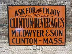 Vintage Embossed Clinton Beverages Sign Antique Old Signs Soda Drink RARE 8825