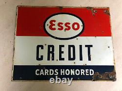 Vintage Esso Credit Card Honored Porcelain Sign Gas Oil Old Antique Double Sided