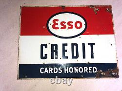Vintage Esso Credit Card Honored Porcelain Sign Gas Oil Old Antique Double Sided