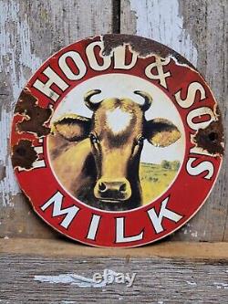Vintage HP Hood & Son Porcelain Sign Old Dairy Farm Milk Cow Cream Farming 6