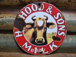 Vintage HP Hood & Son Porcelain Sign Old Dairy Farm Milk Cow Cream Farming 6