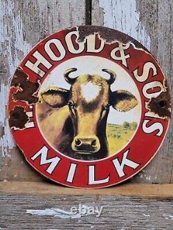 Vintage HP Hood & Son Porcelain Sign Old Dairy Farm Milk Cow Cream Farming 6