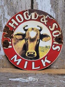 Vintage HP Hood & Son Porcelain Sign Old Dairy Farm Milk Cow Cream Farming 6