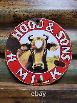 Vintage HP Hood & Son Porcelain Sign Old Dairy Farm Milk Cow Cream Farming 6