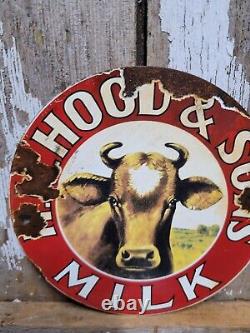 Vintage HP Hood & Son Porcelain Sign Old Dairy Farm Milk Cow Cream Farming 6