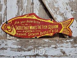 Vintage Hibbard Spencer Bartlett Porcelain Sign Old Fishing Tackle Lures 24
