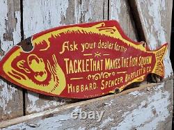 Vintage Hibbard Spencer Bartlett Porcelain Sign Old Fishing Tackle Lures 24