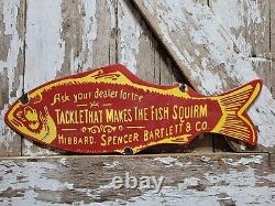 Vintage Hibbard Spencer Bartlett Porcelain Sign Old Fishing Tackle Lures 24