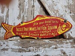 Vintage Hibbard Spencer Bartlett Porcelain Sign Old Fishing Tackle Lures 24