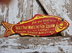 Vintage Hibbard Spencer Bartlett Porcelain Sign Old Fishing Tackle Lures 24