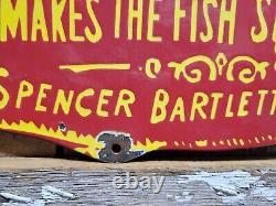 Vintage Hibbard Spencer Bartlett Porcelain Sign Old Fishing Tackle Lures 24