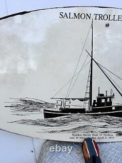Vintage Large Steel Sign Antique Ship Salmon Troller 1933 60x28 Boat Fishing Old