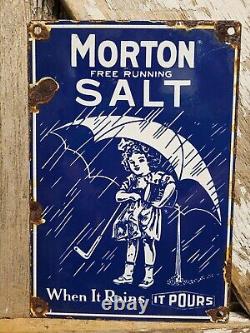 Vintage Morton Salt Porcelain Sign Old General Store Food Kitchen Girl Grocery