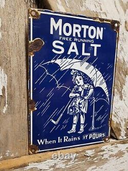 Vintage Morton Salt Porcelain Sign Old General Store Food Kitchen Girl Grocery