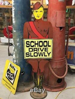 Vintage ORIGINAL Safety SCHOOL CROSSING GUARD Sign & STAND Antique OLD 5' TALL