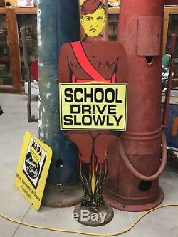 Vintage ORIGINAL Safety SCHOOL CROSSING GUARD Sign & STAND Antique OLD 5' TALL