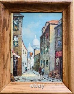 Vintage Oil On Canvas Painting Signed Bernado People In Old City Wood Frame