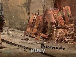 Vintage Oil On Canvas Painting Signed Bernado People In Old City Wood Frame