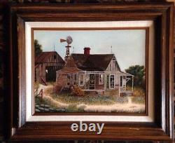 Vintage Oil Painting-Bluebonnets/Old Farm/Barn/Windmill-Landscape