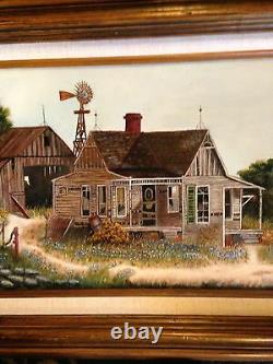 Vintage Oil Painting-Bluebonnets/Old Farm/Barn/Windmill-Landscape