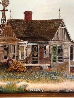 Vintage Oil Painting-Bluebonnets/Old Farm/Barn/Windmill-Landscape