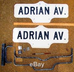 Vintage Old Antique Double Sided Street Sign Metal Post Bracket ADRIAN AV