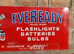 Vintage Old Antique Eveready Light Bulb Batteries Ad Porcelain Enamel Sign Board