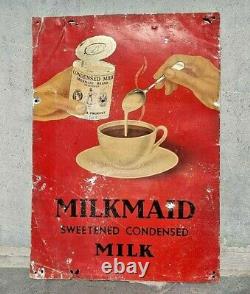 Vintage Old Antique Milkmaid Condensed Milk Ad. Litho Tin Sign Board Collectible