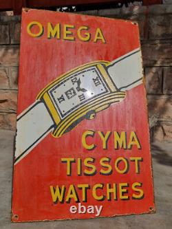 Vintage Old Antique Rare Omega Cyma Tissot Watches Porcelain Enamel Sign Board