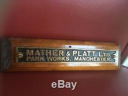 Vintage Old Industrial Cast Brass Sign Plaque Mather & Platt