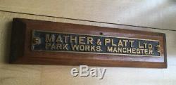 Vintage Old Industrial Cast Brass Sign Plaque Mather & Platt