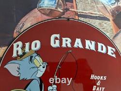 Vintage Old Rio Grande Fishing Co. Hooks Bait Advertising Porcelain Sign Fish